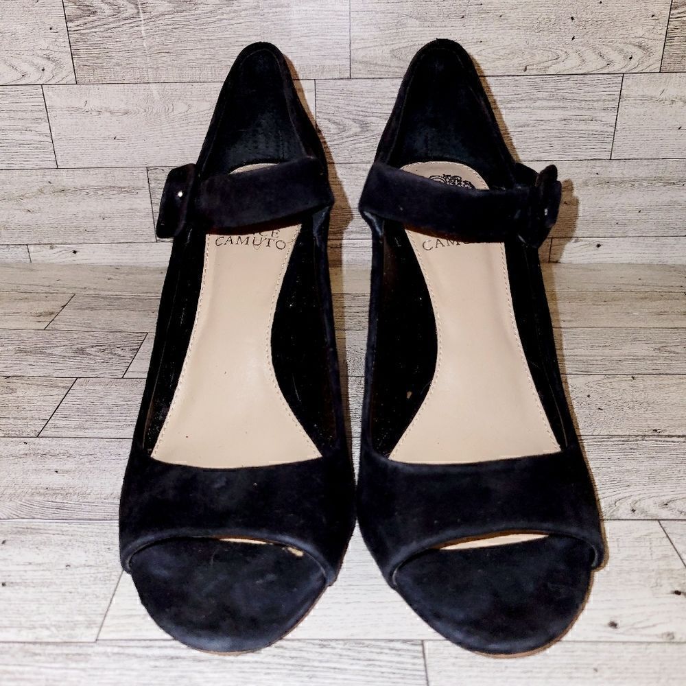 Vince Camuto black suede peep toe mary jane pump/heel.  ^